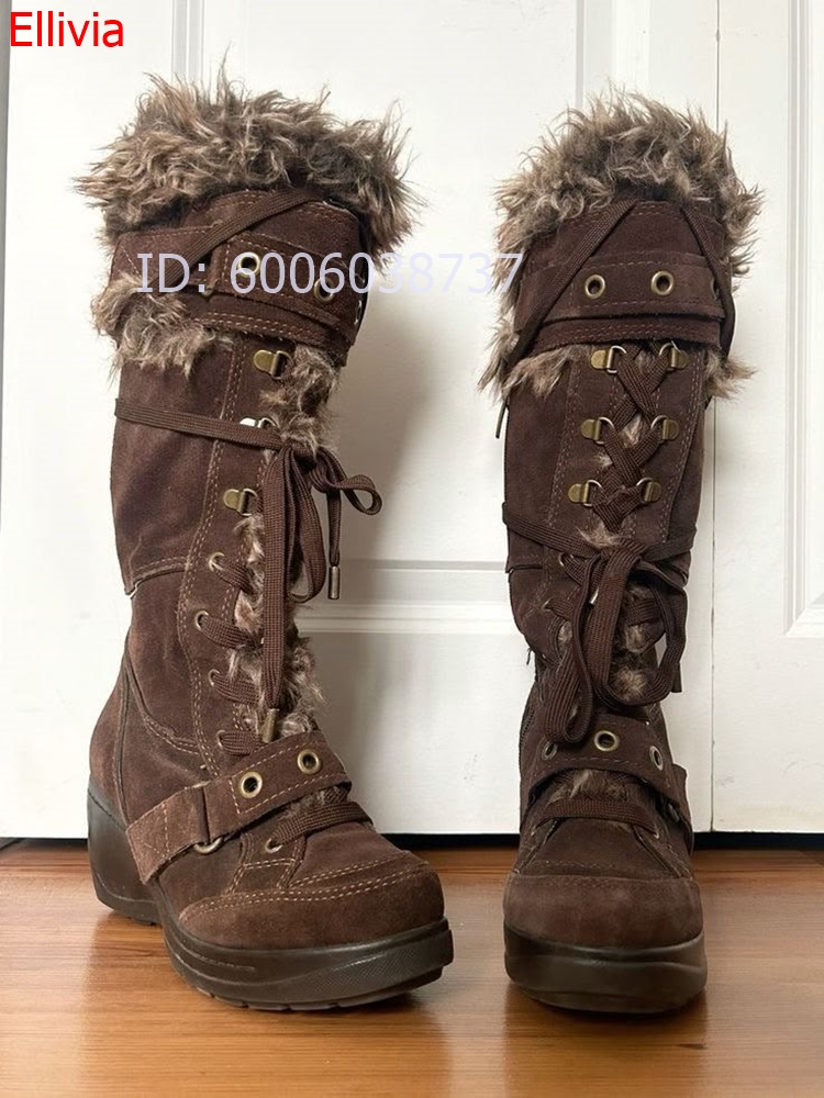 Women Round Toe Fur Trim Knee  - огляд і ціна Elastic Lace Trim