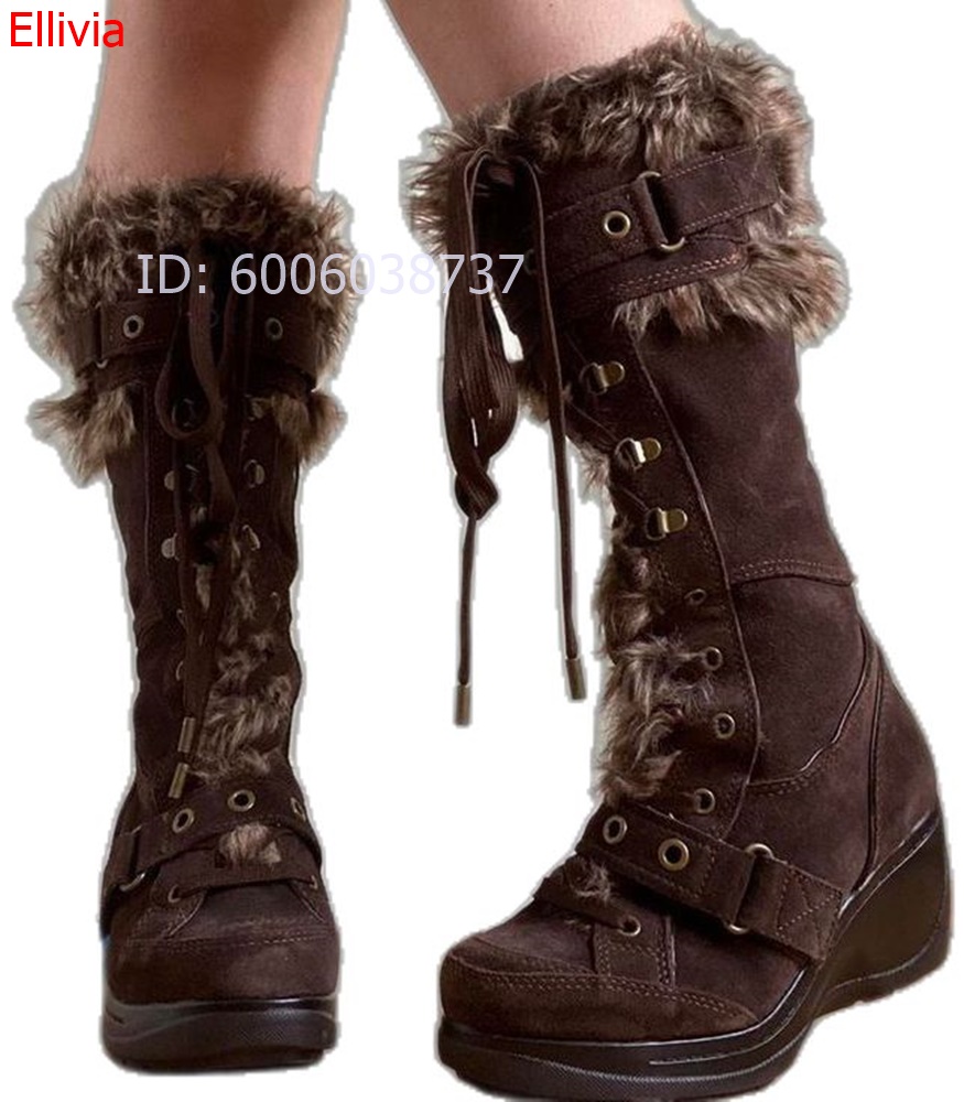 Women Round Toe Fur Trim Knee  - огляд і ціна Elastic Lace Trim